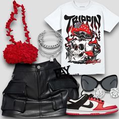 Ways To Style Outfits, Red Black And White Outfit Ideas Baddie, Red Outfit Ideas Black Women, Red Birthday Outfit Ideas, Red And White Outfit Black Women, Red And Black Birthday Outfit, Concert Outfit Ideas Shein, Black And Red Outfit Baddie, Red Baddie Outfits