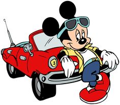 mickey mouse driving a red car with sunglasses on