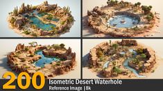 four different views of a desert with rocks and water in it, including a pond