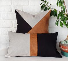 two black and tan pillows sitting next to a potted plant