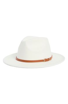 The ultimate accessory for sunny destinations, this Panama hat is elevated with a svelte buckled strap for added flair. Textile Spot clean Imported Elegant White Hat Bands For Vacation, White Wide Brim Panama Hat For Travel, Chic White Fedora With Flat Brim, Chic White Flat Brim Fedora, Chic White Hat Bands With Curved Brim, White Flat Brim Panama Hat For Travel, White Brimmed Fedora For Travel, White Short Brim Fedora For Travel, Trendy Adjustable White Hat Bands