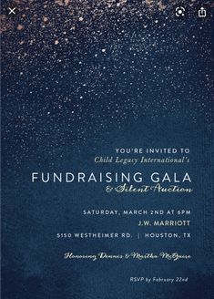 a blue and gold event card with the words fundraiser gala written on it