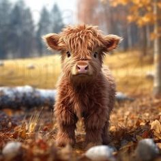 a small brown cow standing on top of a leaf covered field