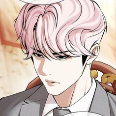 an anime character with pink hair wearing a suit and tie, looking at the camera