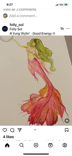 a drawing of a mermaid holding a flower in her hand with the caption'i view all 3 comments add a comment '