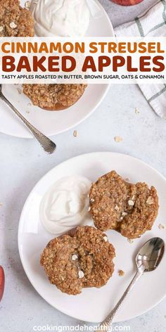 two plates filled with baked apples next to some whipped cream and cinnamon streuse