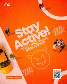 an orange poster with people walking around and cars parked on the street in front of it