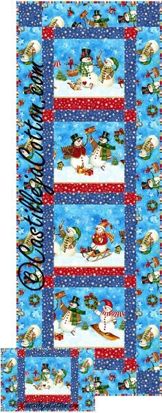 two christmas quilts with snowmen and santa hats on them, one is blue