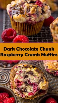 chocolate chunk raspberry crumb muffins with fresh raspberries in the background