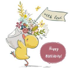 a rubber duck carrying a bouquet of flowers with a happy birthday sign in the background