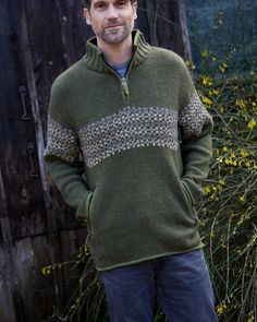 "Pachamama Men's hand knitted wool half zip jumper, perfect for cold winter days. Fair trade and handmade in Nepal. Rosslare - Easy to wear lined half zip jumper. A classic fair isle band across the chest. 100% wool 100% Polyester Fleece lined Handmade Zip pockets Fairly traded Available in 2 sizes M/L to fit chest 38-42\" (97 to 107cms) L/XL to fit chest 42-46\" (107-117cms) However, because our garments are handmade, we can experience slight variation in sizing. Have any exceptional size requests? Please place you order and message us in the 'Note to seller' Section. Washing instructions: Dry Clean Only. Pachamama is a member of BAFTS - The British Association for Fair Trade Shops and Suppliers and has been designing and producing fairly traded woollens for 30 years. For more woolly good Three Digit Numbers, Knit Jacquard, Half Zip Jumper, Green Pullover, Zip Collar, Fair Isle Sweater, Collar Sweater, Credit Card Debit, Electronic Devices