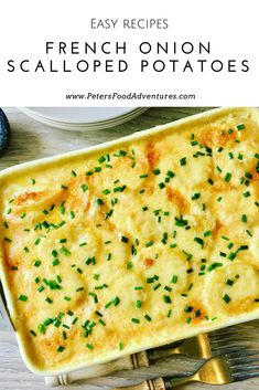 french onion scalloped potatoes in a casserole dish