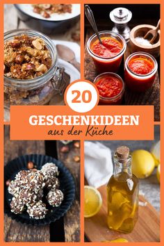 some food and drinks are on the table with an orange border over it that says 20 geschenkideen aus der kitchen