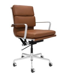 an office chair with wheels and leather upholstered seat, viewed from the front