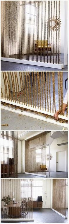 three different views of the inside of a building with wooden slats hanging from it's sides