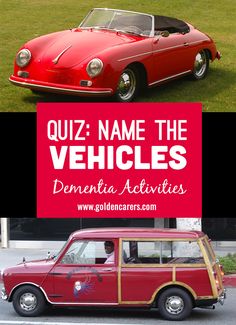 an old red car with the words quiz name the vehicles on it's side