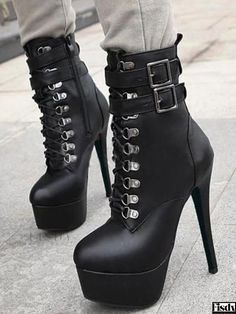 Fisdy - Black Mid-Calf Boots for Women with Platform and Stiletto Heel Party Lace-up Platform Heeled Boots, Winter Party Lace-up Boots With Round Toe, Punk Style Ankle-high Winter Heels, Punk Ankle-high Winter Heels, Punk High Ankle Heels For Winter, Winter Club High Ankle Heeled Boots, Black High Ankle Platform Boots For Club, Fall Party Lace-up Closed Toe Boots, Fall Party Lace-up Boots With Closed Toe