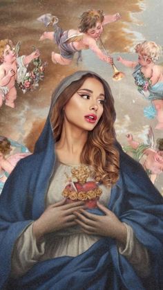 a painting of the virgin mary with angels around her and holding a bowl of food