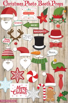 christmas photo booth props on a wooden background