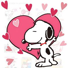 a cartoon dog holding a heart with hearts on it's chest and the words love is