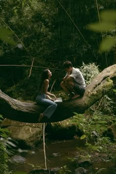 two people sitting on a tree branch in the woods