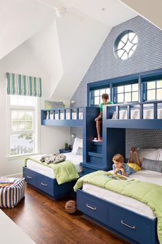 two children are sitting on bunk beds in a room with blue walls and white ceiling