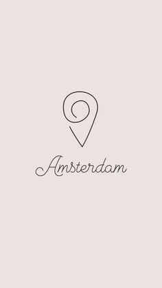 the word amsterdam is written in black ink on a light gray background with a map pin