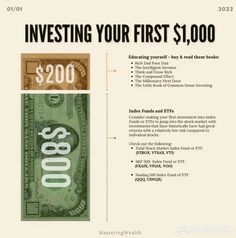 an image of a $ 200 bill with the words investing your first $ 1, 000