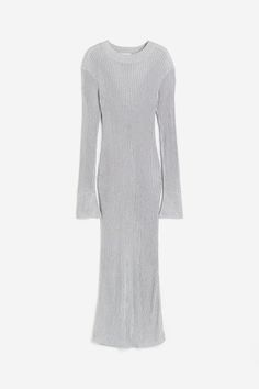 Fitted  calf-length dress in a rib knit with shimmery metallic threads. Round neckline  gently dropped shoulders  and long sleeves with slit at cuffs. Ribbing at neckline and cuffs. Calf Length Dress, Ribbed Knit Dress, Maxi Robes, Silver Dress, Metallic Thread, Fitted Dress, Round Neckline, Knit Dress, Rib Knit