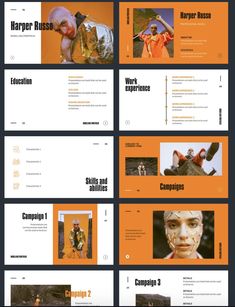 an orange and black presentation board with images on it