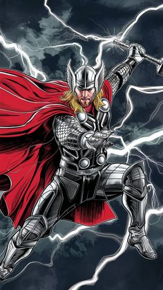 a man dressed as thor is flying through the air with lightning in the sky behind him