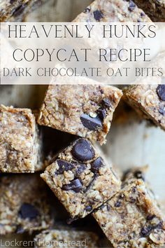 This Heavenly Hunks copycat recipe has the taste and texture similar to oatmeal chocolate chip cookie dough, but all of the wholesome goodness of a granola bar. Made with old-fashioned oats, and healthy fats, as well as sweetened with maple syrup and dark chocolate chips, these make the perfect snack or sweet treat. Heavenly Hunks Recipe, Oat Bites, Small Cookies, Healthy Granola Bars, Chocolate Chip Bars, Homemade Dessert, Chocolate Oats, Granola Healthy