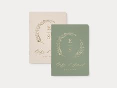 two green and white cards with gold foil on them, one is for ess