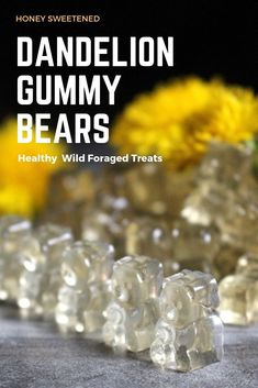 honey sweetened dandelion gummy bears on a table with flowers in the background