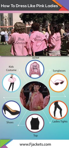 an advertisement for pink ladies's clothing with pictures of different styles and colors on it