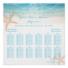 a wedding seating chart on the beach in blue and white with lights hanging from it