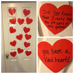 hearts with words written on them are displayed in front of a white door and two pictures of the same heart