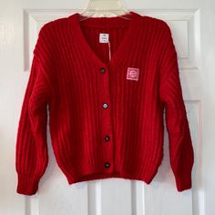 Wynken Red Cardigan Size: 10y 100% Cotton Front Button Closure Dropped Shoulder With Loose Fitting Body Knitted In Chunky English Rib Stitch Buttoned With Faux Horn Buttons. Small Pull On Back Harley Davidson Kids, Ugly Holiday Sweater, Chunky Cable Knit Sweater, Rib Stitch, Warm Cardigan, Old Sweater, Girls Cardigan, Red Cardigan, Boys Sweaters