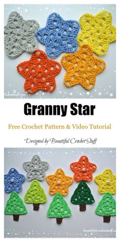 crochet pattern for granny stars and trees with text overlay that says granny star