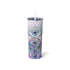 an all seeing eye tumbler cup with a straw in the middle and a lid