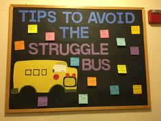 a bulletin board with post - it notes on it and a bus drawn on it