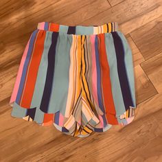 This Multi Stripe Short Is Fully Lined With An Elastic Waist In The Back Chic Multicolor Beach Shorts, High Waisted Floral Shorts, Scalloped Shorts, Cutoff Jean Shorts, Tie Waist Shorts, White Mini Skirt, Corduroy Shorts, Camo Shorts, Embroidered Shorts