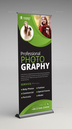 a green and black roll up banner for photography