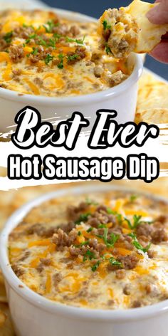 the best ever hot sausage dip recipe is made with cheese and ground beef it's so good to eat