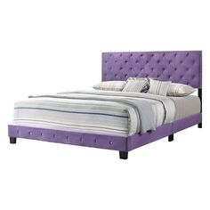 a bed with purple upholstered headboard and pillows on the bottom, in front of a white background