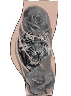 the tiger is surrounded by roses and flowers on his stomach, as if it were painted in black and white