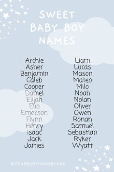 the names of baby boy names on a blue background with stars and clouds in the sky