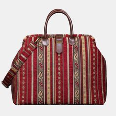 Stripes with Paisley Red Mary Poppins Weekender carpet bag MCW Handmade Luxury Red Bags With Adjustable Handle, Elegant Red Shoulder Bag With Rolled Handles, Traditional Red Top Handle Bag, Red Travel Bags With Rolled Handles, Red Tapestry Bag With Rectangular Shape, Red Tapestry Bag, Rectangular Shape, Red Tapestry Bags With Rectangular Shape, Red Tapestry Rectangular Bag, Luxury Tapestry Bag With Adjustable Handle