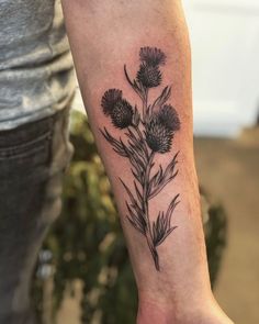 a person with a tattoo on their arm holding a flower in one hand and a plant in the other