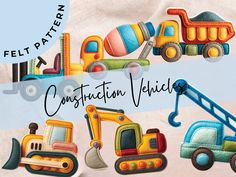 the construction vehicles applique is shown in different colors and sizes, including trucks